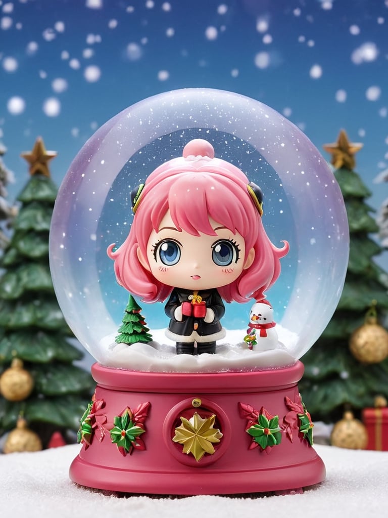 Detailmaster2, top quality, super detailed, Christmas Anya Forger snow globe, Anya Forger, Chibi, 3D figure, SPY x FAMILY, pink hair, winter, Christmas, very sharp, perfect shape, completely Round snow globe, snow falling inside, add colorful lights, beautiful decorative base,,
, photo r3al