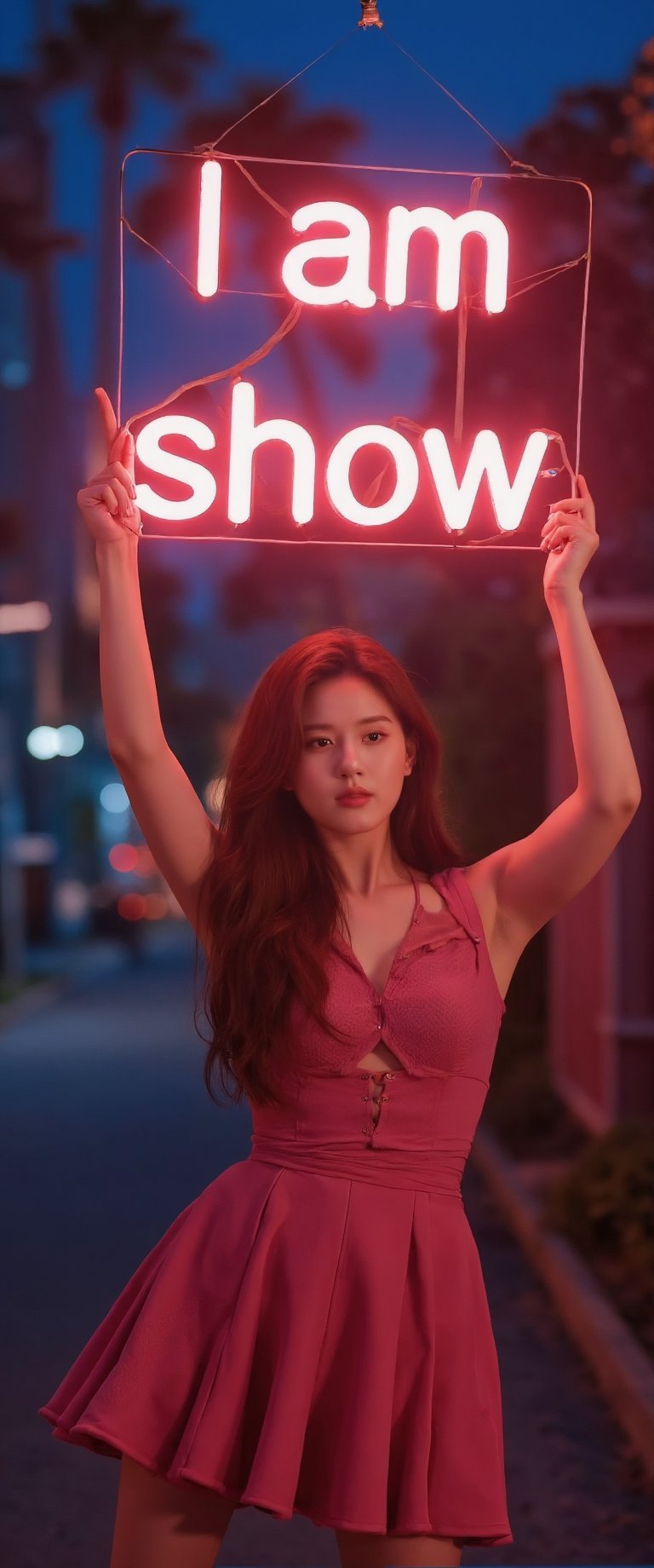 photograph, full body photo, a beautiful super model holding up a  neon sing with text:"I am show", Canon eos 5d mark 4, Depth of field 100mm, lovely, symmetry, photography,ct-virtual,Iu,ct-jisoo,n30nfilm,ct-virtual_v2,ct-visual,ct-sensual-v2,ct-kjbp