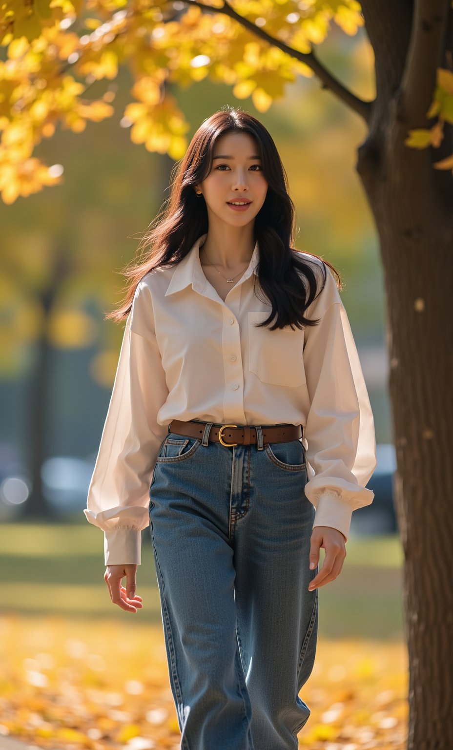 (ultra realistic,32k, masterpiece:1.2),(high detailed skin:1.1),( high quality:1.1), (masterpiece, best quality),3/4 shot, photograph of a happy 25 year old woman walking under a tree, wearing jeans and long sleeve shirt, autumn, bright sunny day, lens flare, masterpiece, UHD, bright, cheerful, extremely intricate details, masterpiece, casting shadow style, f/2. 8, bokeh, full body,(face close-up:1.4), (looking at viewer, upper body) ((dystopic )) ((lleg open)) ((standing)) ((combat ready)) ((rainy playground)) ((sittting)) (( serafuku)) ,jisosmile,ct-identity