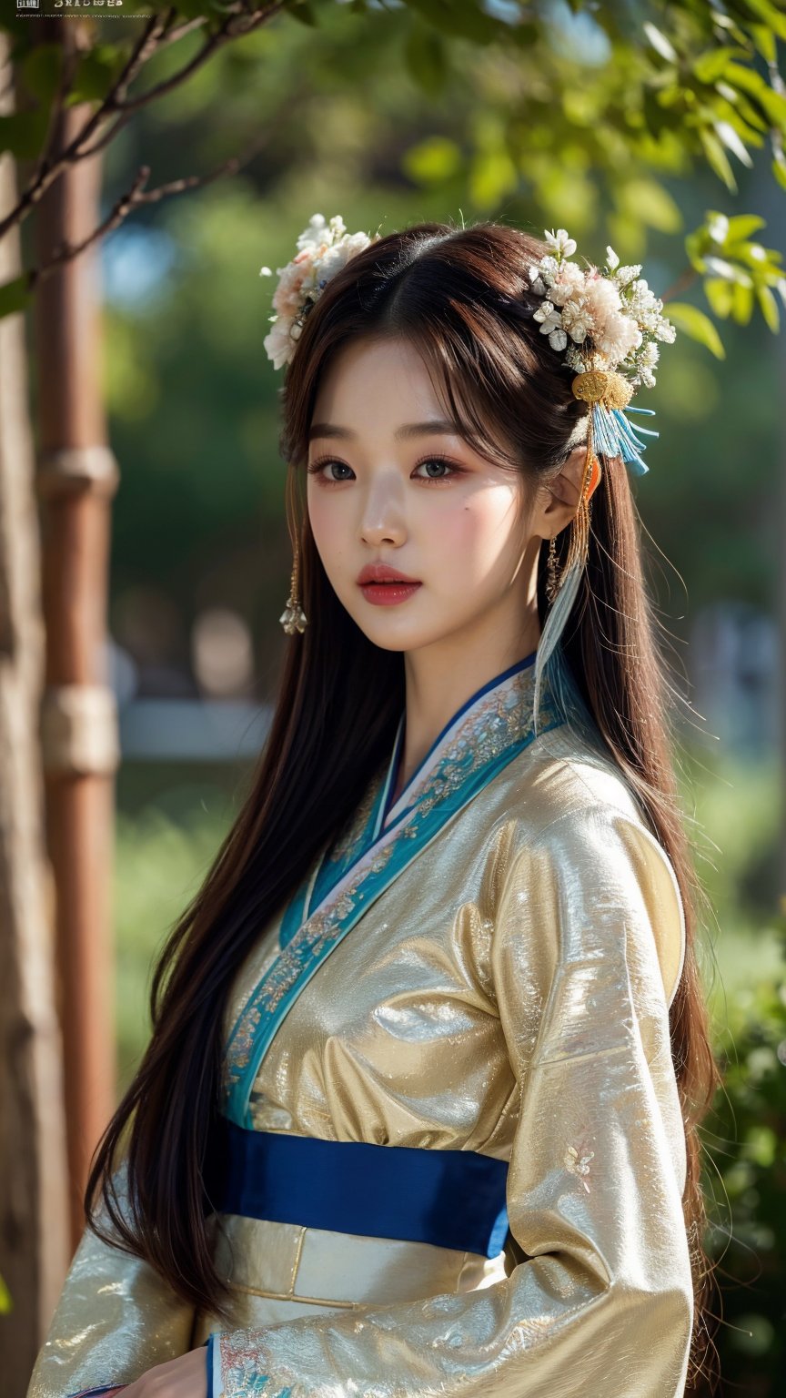 masterpiece, best quality, 1 girl, (ultra-detailed body), Azure hair, long hair, detailed eyes, forest, Chinese Qing Dynasty women's gorgeous hairstyle, hanfu, lakes, pure, soft (light smile:0.3), bamboo, official art, 8k wallpaper, highly detailed