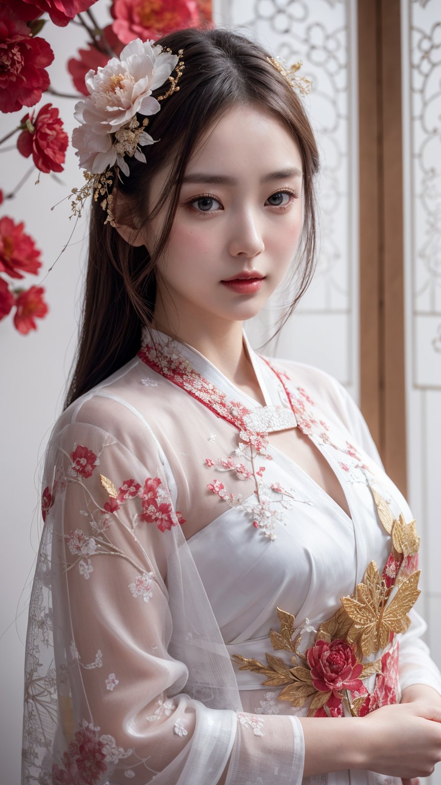 A girl, wearing hanfu, peony garden, butterfly, (negative space:1.4), fusion of art nouveau styles with gongbi painting, gold and white and red hue, Mucha style, (Cinematic lighting, ethereal light, intricate details, extremely detailed, incredible details, full colored), complex details, hyper maximalist, gorgeous light and shadow, detailed decoration, detailed lines. masterpiece, best quality, HDR, UHD, unreal engine. looking at the camera, fair skin, beautiful face,