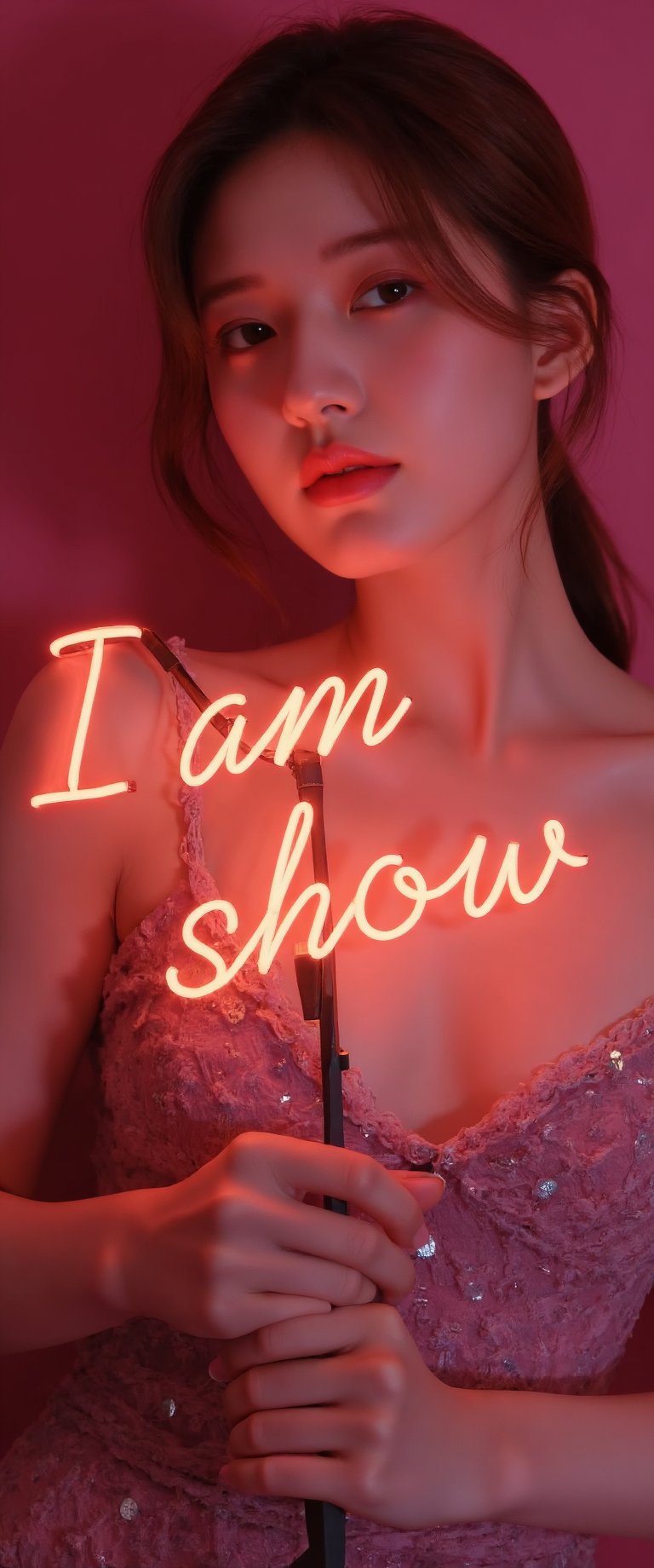 photograph, full body photo, a beautiful super model holding up a  neon sing with text:"I am show", Canon eos 5d mark 4, Depth of field 100mm, lovely, symmetry, photography,ct-virtual,Iu,ct-jisoo,n30nfilm,ct-virtual_v2,ct-visual,ct-sensual-v2,ct-kjbp