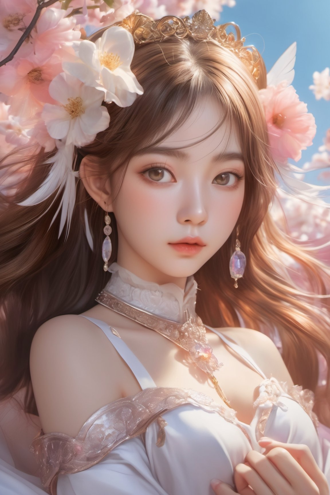 masterpiece,{{{best quality}}},(illustration)),{{{extremely detailed CG unity 8k wallpaper}}},game_cg,(({{1girl}})),{solo}, (beautiful detailed eyes),((shine eyes)),goddess,fluffy hair,messy_hair,ribbons,hair_bow,{flowing hair}, (glossy hair), (Silky hair),((white stockings)),(((gorgeous crystal armor))),cold smile,stare,cape,(((crystal wings))),((grand feathers)),((altocumulus)),(clear_sky),(snow mountain),((flowery flowers)),{(flowery bubbles)},{{cloud map plane}},({(crystal)}),crystal poppies,({lacy}) ({{misty}}),(posing sketch),(Brilliant light),cinematic lighting,((thick_coating)),(glass tint),(watercolor),(Ambient light),long_focus,(Colorful blisters),ukiyoe style,3DMM