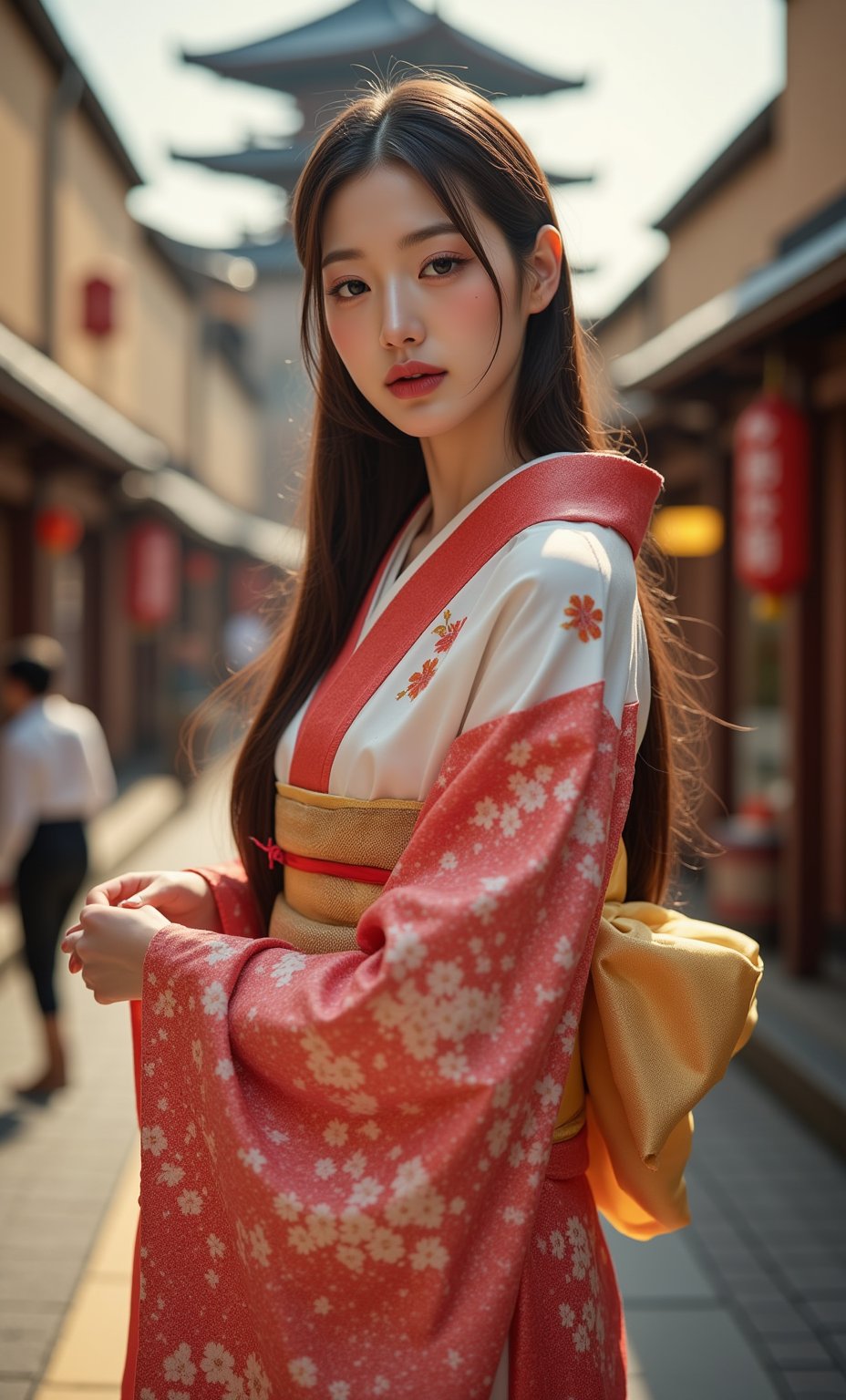 (ultra realistic,32k, masterpiece:1.2),(high detailed skin:1.1),( high quality:1.1), (masterpiece, best quality),A stunning Japanese beauty wears a traditional kimono on the bustling streets of Kyoto. She poses confidently with her hands tucked into the kimono's sleeves, her long hair flowing gently in the afternoon sun. The vibrant colors of the kimono and street vendors' stalls pop against the warm beige walls, while ancient temples loom softly in the background. , full body,(face close-up:1.4), (looking at viewer, upper body) ((dystopic )) ((lleg open)) ((standing)) ((combat ready)) ((rainy playground)) ((sittting)) (( serafuku)) ,jisosmile,ct-identity