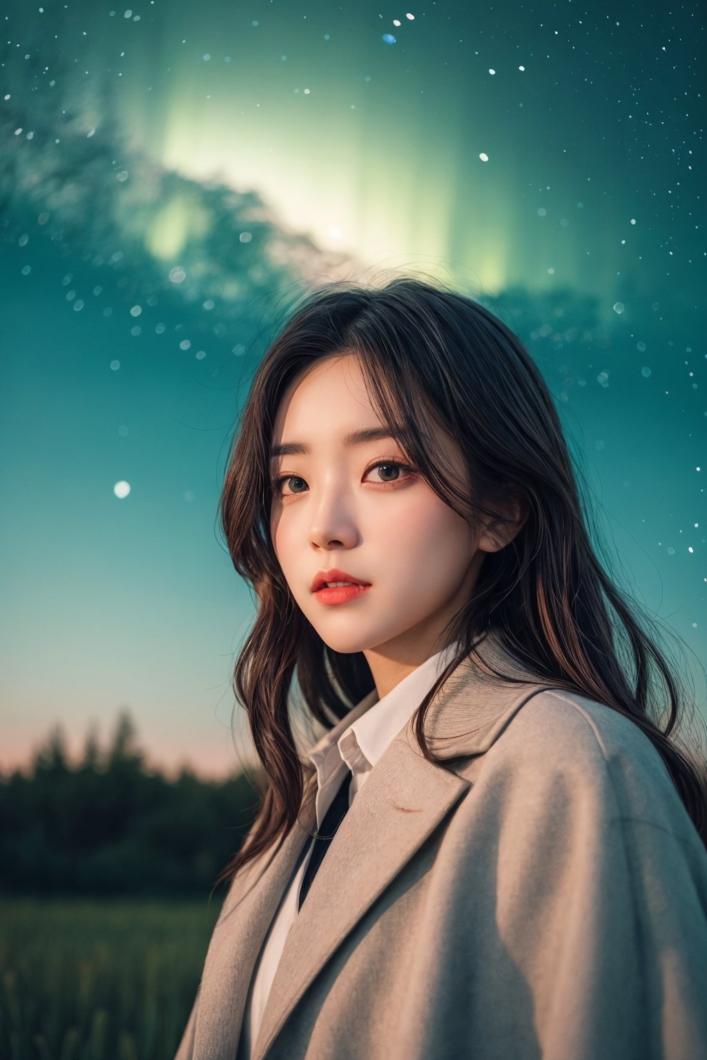 (close-shot photo:1.4) of a beatutiful woman wearing a long coat on a open field, embers of memories, colorful, (photo-realisitc), nebula background, nebula theme,exposure blend, medium shot, bokeh, (hdr:1.4), high contrast, (cinematic, teal and green:0.85), (muted colors, dim colors, soothing tones:1.3), low saturation,fate/stay background,yofukashi background,(pureerosface_v1:0.8), (ulzzang-6500-v1.1:0.8)