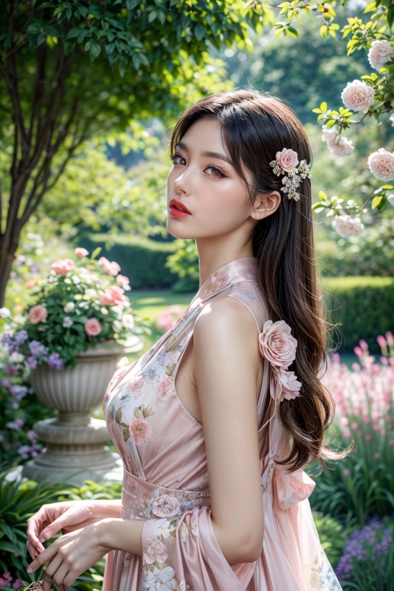 Generate hyper realistic image of an asian woman in a couture garden party dress in pastel hues, the intricate floral patterns matching the vibrant blooms around her. Place her in an enchanting botanical garden, exuding sophistication.((upper body)),1 girl,kimyojung,low angle shot 