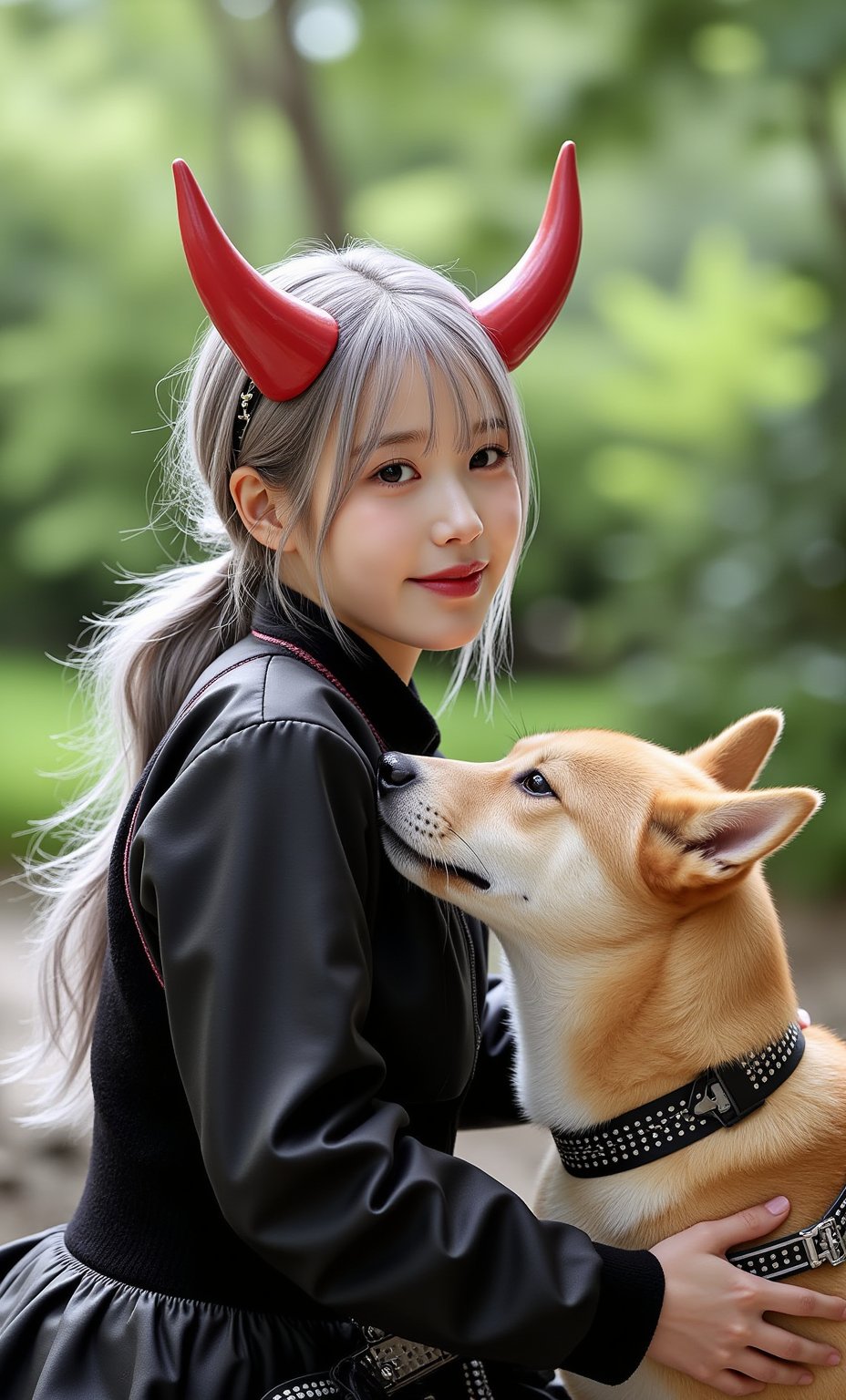 (ultra realistic,32k, masterpiece:1.2),(high detailed skin:1.1),( high quality:1.1), (masterpiece, best quality),(masterpiece:1.3) , ( a cute silver-haired girl with real devil horns patting the Shiba Inu) , In a stunning fantasy world, breath of the wild, fantastic wilderness atmosphere, beaming with joy, in bright natural light, beautiful, k, uhd, professional photograph, sharp focus, sumptuous artwork, masterpiece, best quality, dramatic lighting, dslr, vivid color, cinematic lighting , matte painting , cinematic photo, realistic photo, detailed face, detailed hands, detailed legs, detailed feet, (animated:1), full body,(face close-up:1.4), (looking at viewer, upper body) ((dystopic )) ((lleg open)) ((standing)) ((combat ready)) ((rainy playground)) ((sittting)) (( serafuku)) ,jisosmile,ct-identity