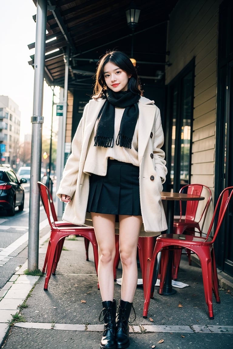 best quality, masterpiece, (photorealistic:1.4), 1girl, messy_hair, wind, expensive clothes, cold, scarf, skirts,outdoor, table, chairs, cross leg, full body, boot, (happy:0.88), 