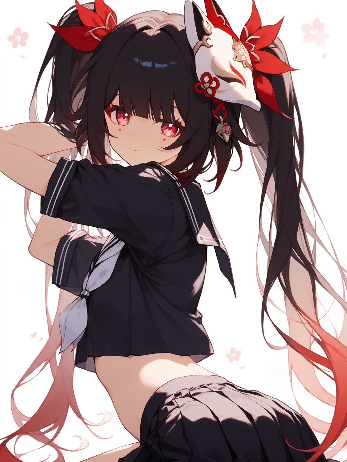 ass,1girl,side boob,nsfw, beautiful detailed eyes,upper body,score_9,sparkle \(honkai star rail\),1girl,fox mask,solo,twintails,looking at viewer,bare shoulders,mask on head,no sleeves,black chokerkneeling, arms behind head, seiza,solo,looking at viewer,flower,score_9, cat ears,red eyes,black serafuku,black sailor collar,white neckerchief,black shirt,short sleeves,pleated skirt,black skirt, white background, simple background