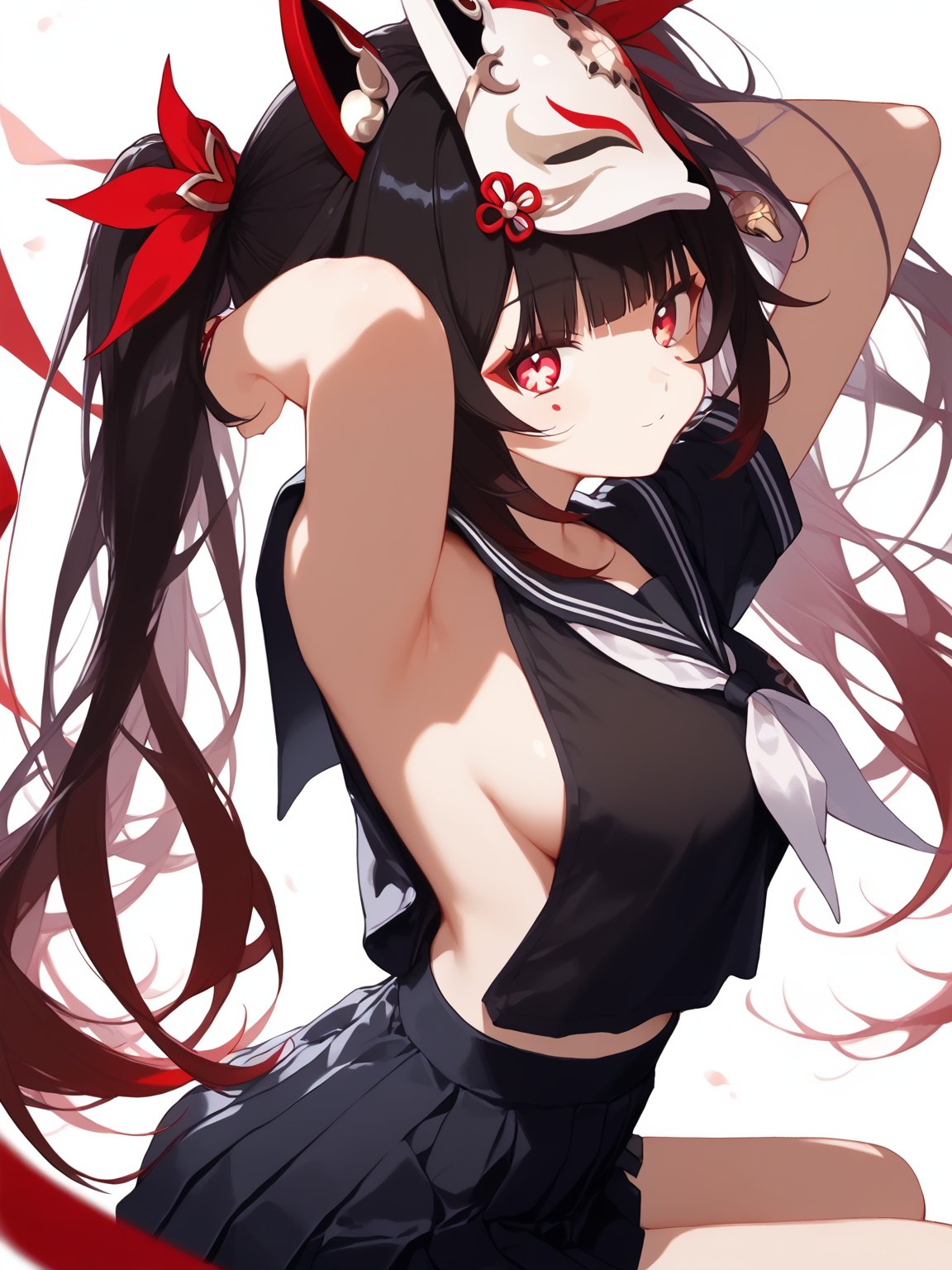 ass,1girl,side boob,nsfw, beautiful detailed eyes,upper body,score_9,sparkle \(honkai star rail\),1girl,fox mask,solo,twintails,looking at viewer,bare shoulders,mask on head,no sleeves,black chokerkneeling, arms behind head, seiza,solo,looking at viewer,flower,score_9, cat ears,red eyes,black serafuku,black sailor collar,white neckerchief,black shirt,short sleeves,pleated skirt,black skirt, white background, simple background