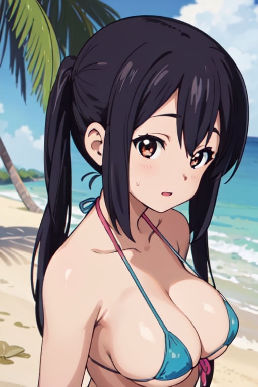 look back, portrait, big_breasts, (((best quality))),(((ultra detailed))),(((masterpiece))),illustration, 1girl, young, (joyful_expression: 1.1), (micro_bikini: 1.1), standing_on_beach, front_view, seashell, beach_background, azusa nakano