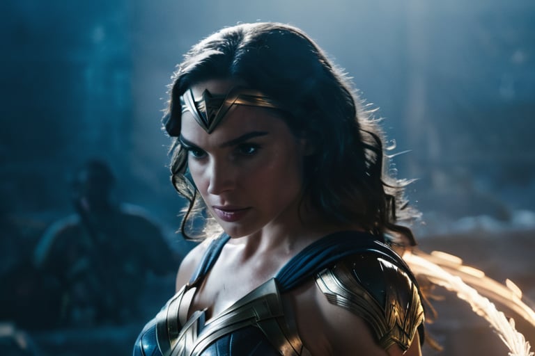 Close-up shot of Gal Gadot as Wonder Woman standing strong, her crossed arms in front of her to deflect a barrage of bullets. Her iconic Lasso of Truth at her side and her magic bracelets glow with a soft blue light, amplifying their protective power. As she peers between her arms, her determined gaze burns bright, exuding fierce confidence and unwavering courage.