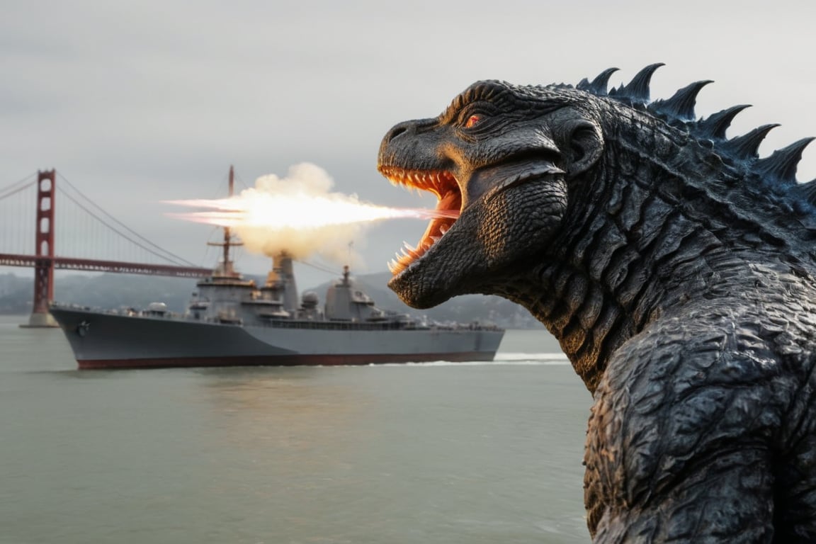Cinematic Shot, Full body shot, Close up, Godzilla emerging from the San Francisco Bay and moving towards the Golden Gate Bridge. firing his atomic breath at  a battleship in the background, intricately detailed,  dramatic, Masterpiece, HDR, beautifully shot, hyper-realistic, sharp focus, 64 megapixels, perfect composition, high contrast, cinematic, atmospheric, Ultra-High Resolution, amazing natural lighting, crystal clear picture, Perfect camera focus, photo-realistic