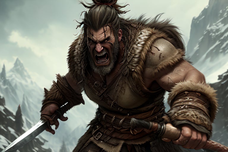 A barbarian behemoth, clad in rugged furs and leather armor, storms forward, fury etched on his chiseled face as his blazing eyes bore into the viewer's soul. The corded muscles of his massive frame strain beneath sweat-drenched skin, his beard and top knot wild and unkempt from exertion. A mighty greatsword held two handed, its weight matched only by the unyielding ferocity in his gaze.,modelshoot style