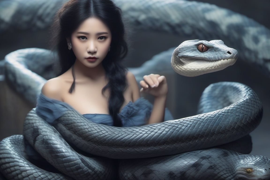 Glamor shot, medium shot, full body shot, a  Nagini (a huge Boa Constrictor with the upper body of a beautiful Korean woman) slender, small breasts and beautiful, with jet black frizzy and messy hair worn loosely over her left shoulder, wearing black lipstick and a old dull worn and frayed blue gray over the shoulder blouse with _ cleavage and poofy lace sleeve ends, with a Serpentine lower body,  64 megapixels, 16K resolution, long exposure, sharp focus, wide-angle lens, hyper-detailed, intricate, meticulous, photo-realistic, sunshine rays,teengirlmix,Landskaper,monster