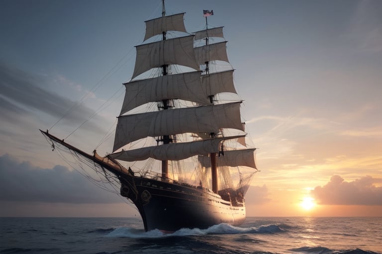 Glamor shot,  a large wooden frigate at full sail,(circa 1776) firing a broadside from the bow cannons, smoke billowing from the cannons and flames visible, rough seas, at sunrise on the ocean,  intricately detailed,  dramatic, Masterpiece, HDR, beautifully shot, hyper-realistic, sharp focus, 64 megapixels, perfect composition, high contrast, cinematic, atmospheric, Ultra-High Resolution, amazing natural lighting, crystal clear picture, Perfect camera focus, photo-realistic