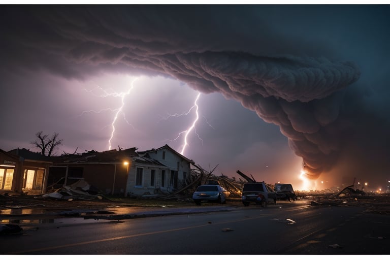 Documentary shot, an F-5 tornado tearing through a small town, devestation and ruin, debris, lightning striking, cars flipped over from the high winds, Medium Angle, full body glamor shot, camera settings ISO 150, Shutter speed 3seconds, Aperture f/6, intricately detailed,  dramatic, Masterpiece, HDR, beautifully shot, hyper-realistic, sharp focus, 64 megapixels, perfect composition, high contrast, cinematic, atmospheric, Ultra-High Resolution, amazing natural lighting, crystal clear picture, Perfect camera focus, photo-realistic
