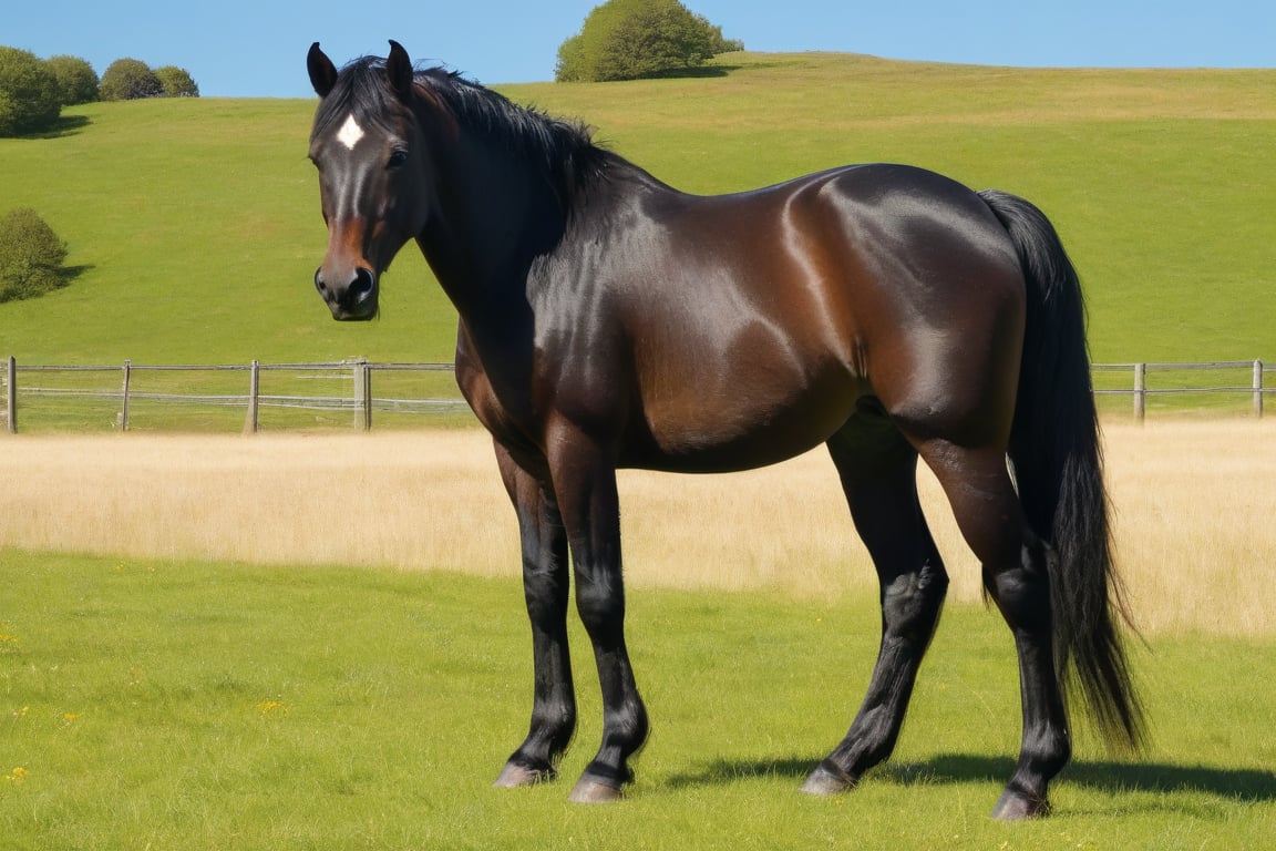 A majestic Black Colt stands proudly, its gleaming coat glistening in the warm sunlight. A gentle girl, dressed in casual attire, kneels beside the colt, carefully grooming it from head to toe using a soft curry brush. The Mare, a statuesque companion, observes from a nearby distance, her ears pricked and eyes watchful. The lush green pasture stretches out before them, dotted with fluffy white clouds drifting lazily across the bright blue sky.,more detail XL