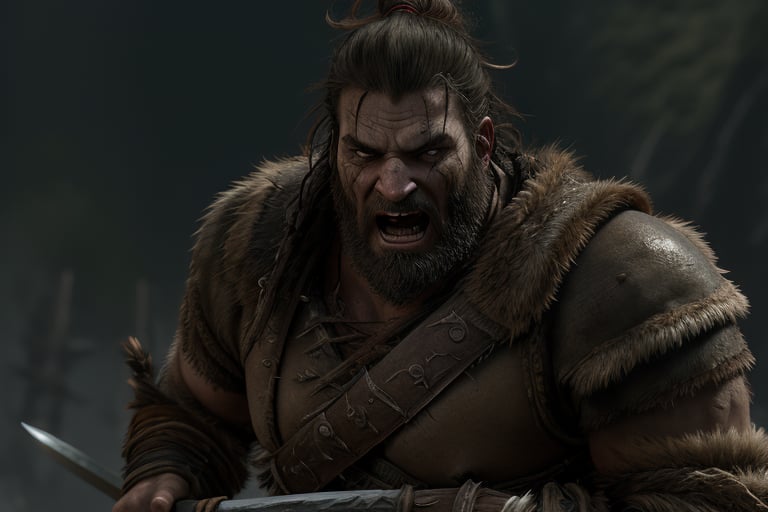 A barbarian behemoth,(Hafþór Júlíus Björnsson 1.5) clad in rugged furs and leather armor, storms forward, fury etched on his chiseled face as his blazing eyes bore into the viewer's soul. The corded muscles of his massive frame strain beneath sweat-drenched skin, his beard and top knot wild and unkempt from exertion. A mighty greatsword held two handed, its weight matched only by the unyielding ferocity in his gaze.,modelshoot style