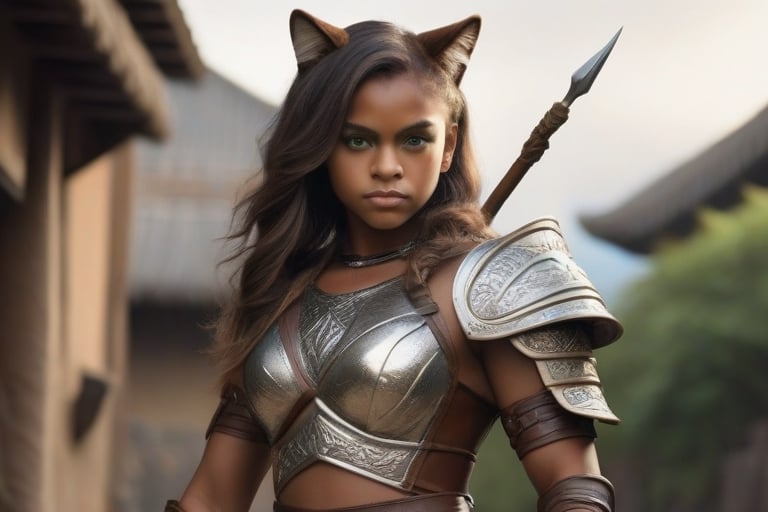 glamor shot, 1girl 1man,dark skinned Young girl wearing brown leather armor and pants, real cat ears, tail(1.5), green eyes, petite, dagger and buckler, <break> muscular Polynesian man(1.3) with cat ears and eyes(1.5), wearing full silver plate armor, mace and shield,  intricately detailed,  dramatic, Masterpiece, HDR, beautifully shot, hyper-realistic, sharp focus, 64 megapixels, perfect composition, high contrast, cinematic, atmospheric, Ultra-High Resolution, amazing natural lighting, crystal clear picture, Perfect camera focus, photo-realistic