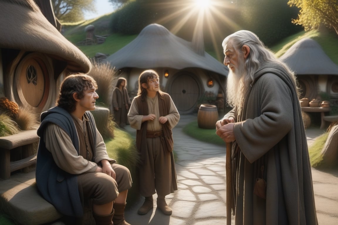  Gandalf(6'5) speaks with Frodo(3'11), in the hobbit village, several hobbits are visible working and talking, Serene, 64 megapixels 8K resolution dynamic lighting HDR medium shot wide-angle lens, lens flare, hyperdetailed, Sunshine, Sunlight rays, photorealistic,photo r3al