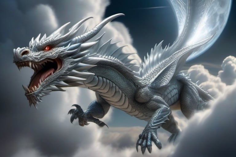 Documentary shot, Shining silver dragon flying through a cloudbank under a full moon intricately detailed, dramatic, Masterpiece, HDR, beautifully shot, hyper-realistic, sharp focus, 64 megapixels, perfect composition, high contrast, cinematic, atmospheric, Ultra-High Resolution, amazing natural lighting, crystal clear picture, Perfect camera focus, photo-realistic