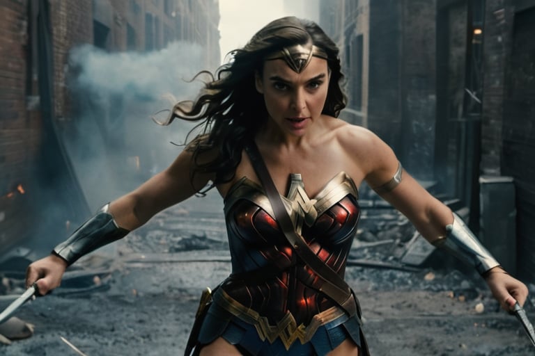 Wonder Woman's(Gal Gadot 1.5) fierce determination seizes the frame as she springs into the air, her iconic tiara glinting in the dimly lit, smoke-filled alleyway. Her arms extend, fists clenched, ready to unleash a crushing blow upon her dastardly foe. The villain's stunned expression and outstretched hands provide an effective counterpoint to Wonder Woman's dynamic pose.