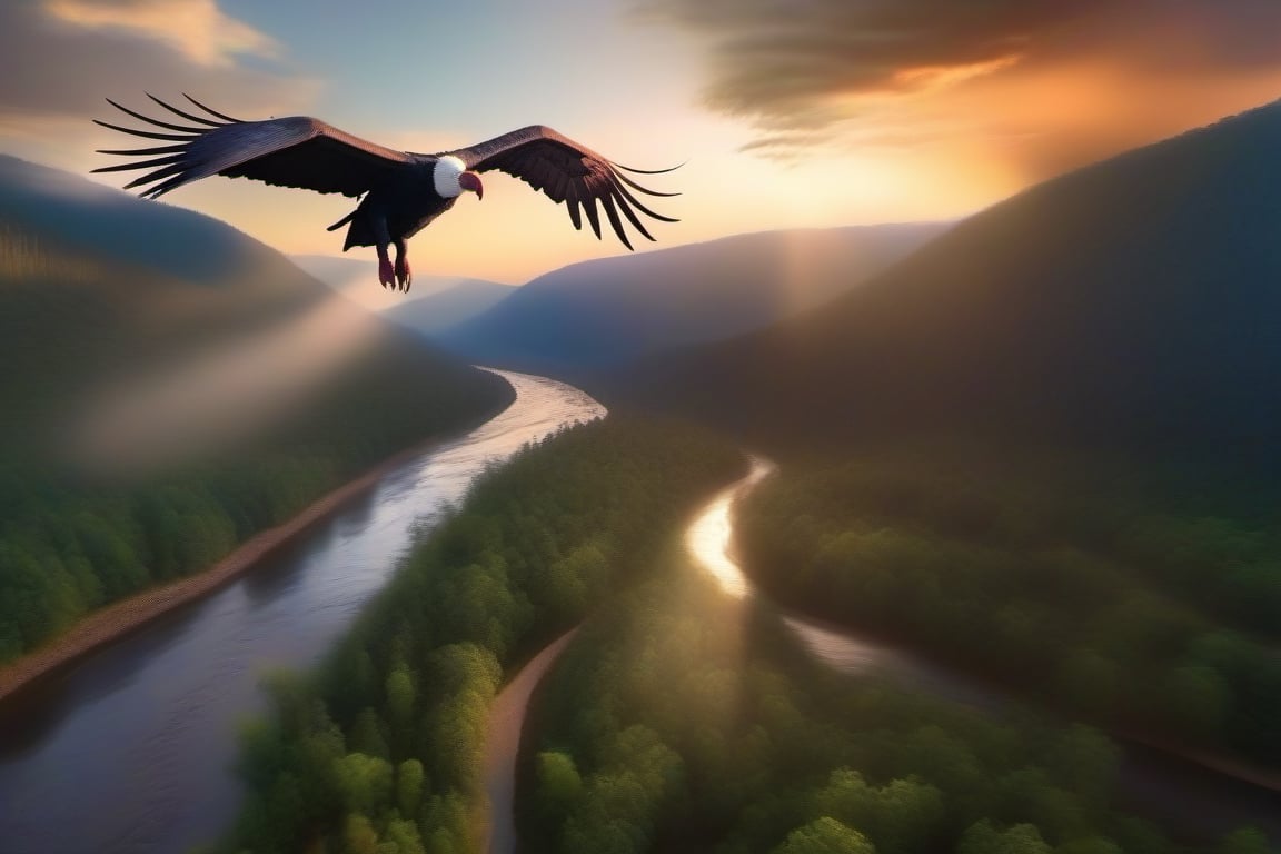 documentary Shot, Close up an American Condor flying over a forested river valley with a large river meandering through it leading to a huge mountain whose peak is high in the clouds, at sunset 64 megapixils 16K resolution HDR medium shot wide-angle lens,  hyper-detailed,  photo-realistic, heatwave, 