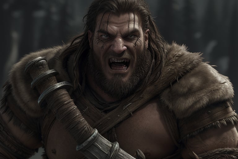 A barbarian behemoth,(Hafþór Júlíus Björnsson 1.5) clad in rugged furs and leather armor, storms forward, fury etched on his chiseled face as his blazing ice blue eyes bore into the viewer's soul. The corded muscles of his massive frame strain beneath sweat-drenched skin, his beard and Viking Braids wild and unkempt from exertion. A mighty greatsword held two handed, its weight matched only by the unyielding ferocity in his gaze.