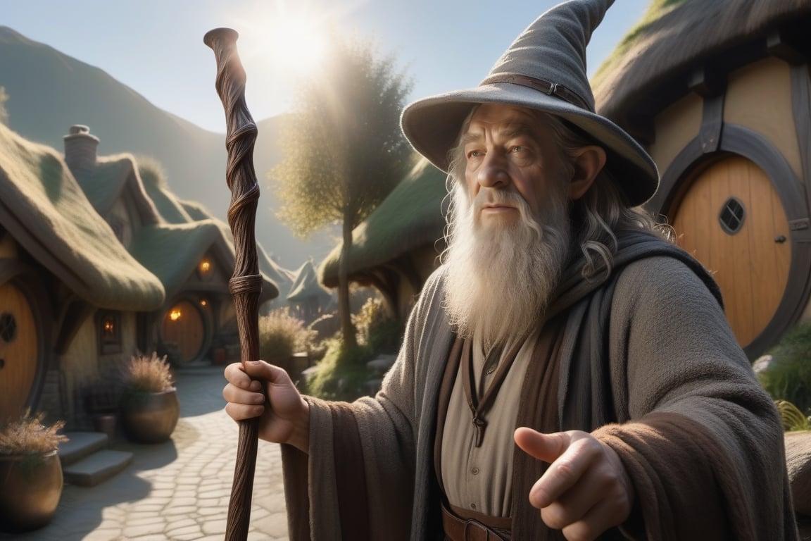  Gandalf(6'5)holding a 6'long staff, speaks with Frodo(3'11), in the hobbit village, several hobbits(under4'5 tall) are visible talking and smoking pipes, Serene, 64 megapixels 8K resolution dynamic lighting HDR medium shot wide-angle lens, lens flare, hyperdetailed, Sunshine, Sunlight rays, photorealistic,photo r3al