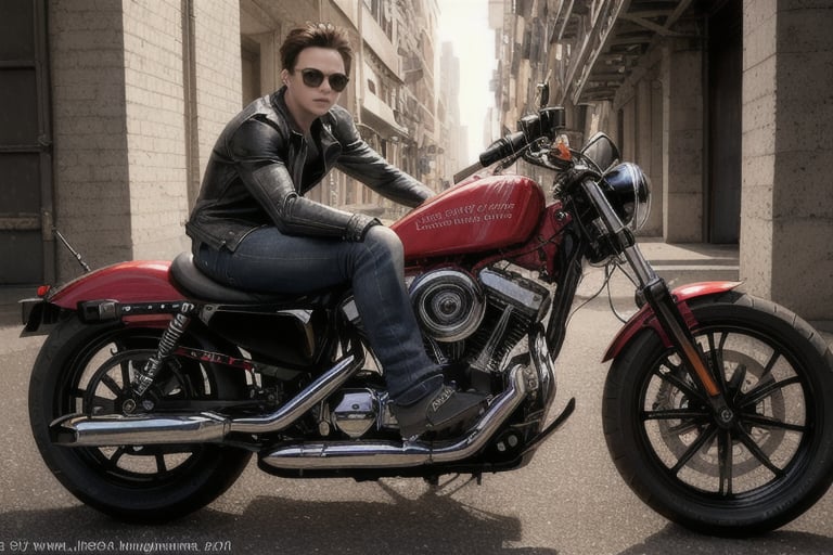 A young man(Hugh Jackman 1.5), wearing mirrored sunglasses and clad in a black leather jacket adorned with a fiery skull on its back, sits astride his Harley Sportster motorcycle. Medium-angle shot, full-body glamor. The camera captures the intricate details of his rugged features and the bike's sleek design. ISO 150, shutter speed 3 seconds, aperture f/6. The image is dramatic, a masterpiece of HDR photography with hyper-realistic sharp focus, 64 megapixels, perfect composition, high contrast, and cinematic atmospheric lighting. Natural light bathes the scene, producing a crystal-clear picture with perfect camera focus, photo-realistic in its detail.