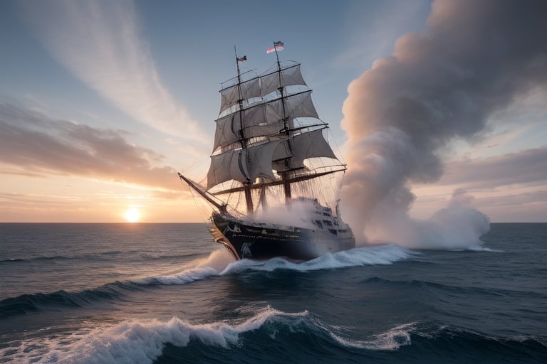 Glamor shot,  a large frigate at full sail, firing a broadside from the bow cannons, smoke billowing from the cannons and flames visible, rough seas, at sunrise on the ocean,  intricately detailed,  dramatic, Masterpiece, HDR, beautifully shot, hyper-realistic, sharp focus, 64 megapixels, perfect composition, high contrast, cinematic, atmospheric, Ultra-High Resolution, amazing natural lighting, crystal clear picture, Perfect camera focus, photo-realistic
