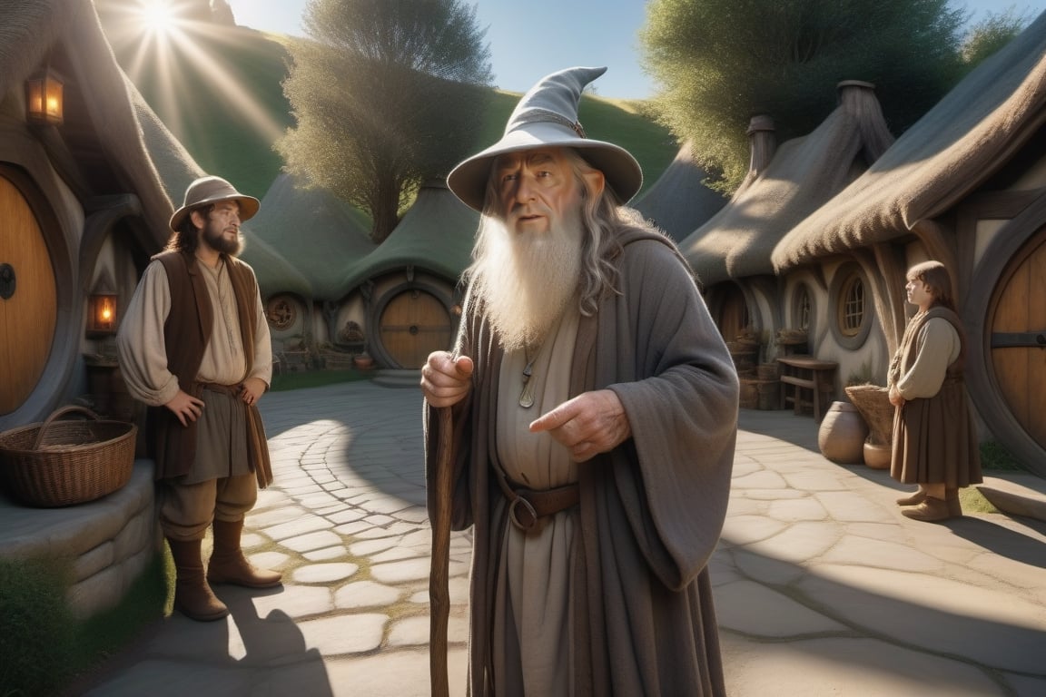  Gandalf(6'5) speaks with Frodo(3'11), in the hobbit village, several hobbits are visible working and talking, Serene, 64 megapixels 8K resolution dynamic lighting HDR medium shot wide-angle lens, lens flare, hyperdetailed, Sunshine, Sunlight rays, photorealistic,photo r3al