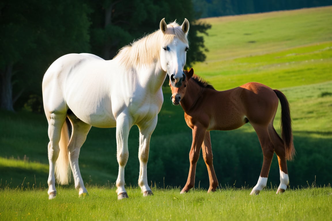 A majestic mare stands guardantly beside her newborn foal, its legs wobbly in its first attempts at standing, on a picturesque summer day. Warm sunlight casts a gentle glow on the lush green meadow, as the proud stallion watches over the scene with steadfast vigilance.