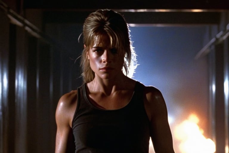 Sarah Connor, played by Linda Hamilton at age 22 ( 1.5), stands tall in a dimly lit, damaged hallway. The air is thick with acrid smoke, and flickering flames dance across the floor, casting eerie shadows. She grasps a shotgun firmly, her expression resolute, as she navigates through the perilous environment, ready to face whatever dangers lie ahead.