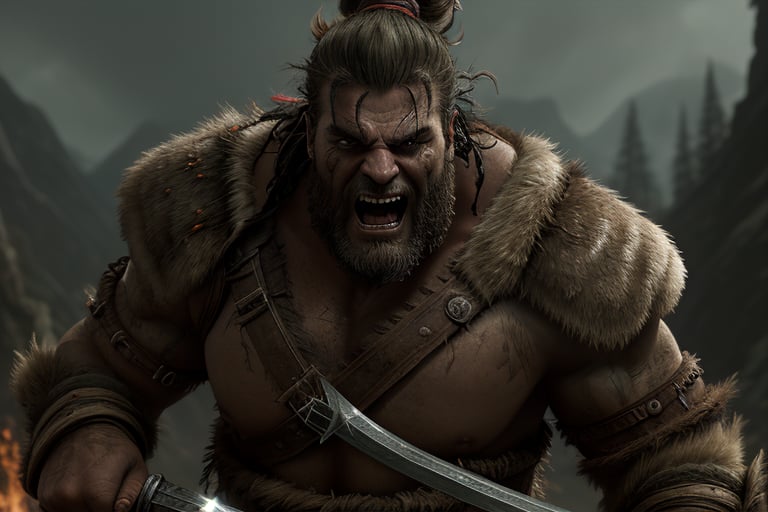 A barbarian behemoth, clad in rugged furs and leather armor, storms forward, fury etched on his chiseled face as his blazing eyes bore into the viewer's soul. The corded muscles of his massive frame strain beneath sweat-drenched skin, his beard and top knot wild and unkempt from exertion. A mighty greatsword held two handed, its weight matched only by the unyielding ferocity in his gaze.,modelshoot style