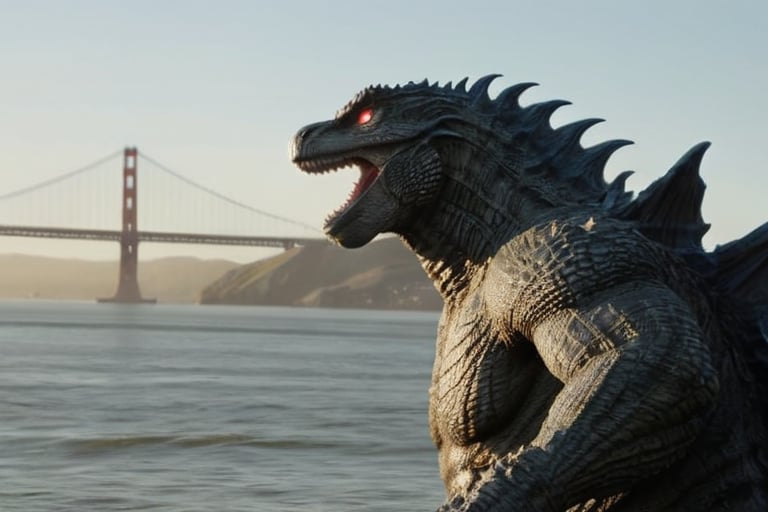 Cinematic Shot, Full body shot, Close up, Godzilla emerging from the San Francisco Bay and moving towards the Golden Gate Bridge.  a battleship in the background, intricately detailed,  dramatic, Masterpiece, HDR, beautifully shot, hyper-realistic, sharp focus, 64 megapixels, perfect composition, high contrast, cinematic, atmospheric, Ultra-High Resolution, amazing natural lighting, crystal clear picture, Perfect camera focus, photo-realistic