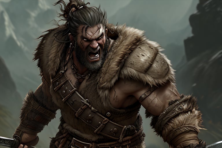 A barbarian behemoth, clad in rugged furs and leather armor, storms forward, fury etched on his chiseled face as his blazing eyes bore into the viewer's soul. The corded muscles of his massive frame strain beneath sweat-drenched skin, his beard and top knot wild and unkempt from exertion. A mighty greatsword held two handed, its weight matched only by the unyielding ferocity in his gaze.,modelshoot style