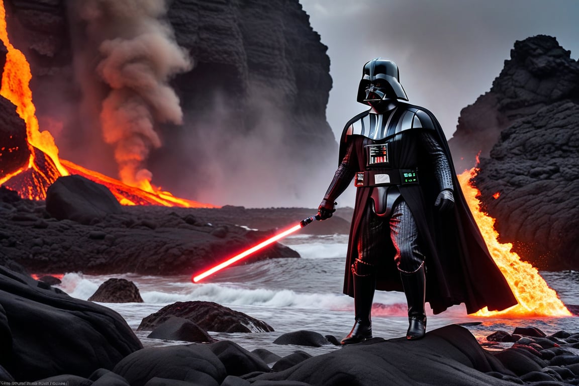 Darth Vader's imposing figure dominates the smoldering landscape as he strides along the rocky bank, his ignited red lightsaber casting an ominous glow amidst the crackling flames that intermittently dance across the shore of the lava river on the planet Mustaphar. Flames lick at the dark stone beneath, while the air is thick with acrid smoke and the distant rumble of molten rock. 
Medium Angle, full body glamor shot, intricately detailed,  dramatic, Masterpiece, HDR, beautifully shot, hyper-realistic, sharp focus, 64 megapixels, perfect composition, cinematic, atmospheric, Ultra-High Resolution, amazing natural lighting, crystal clear picture, Perfect camera focus, photo-realistic,modelshoot style