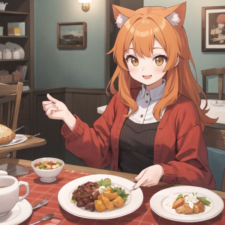 1girl holding a turkey in a plate, cheerful smile, cozy dinner room, catgirl, orange hair