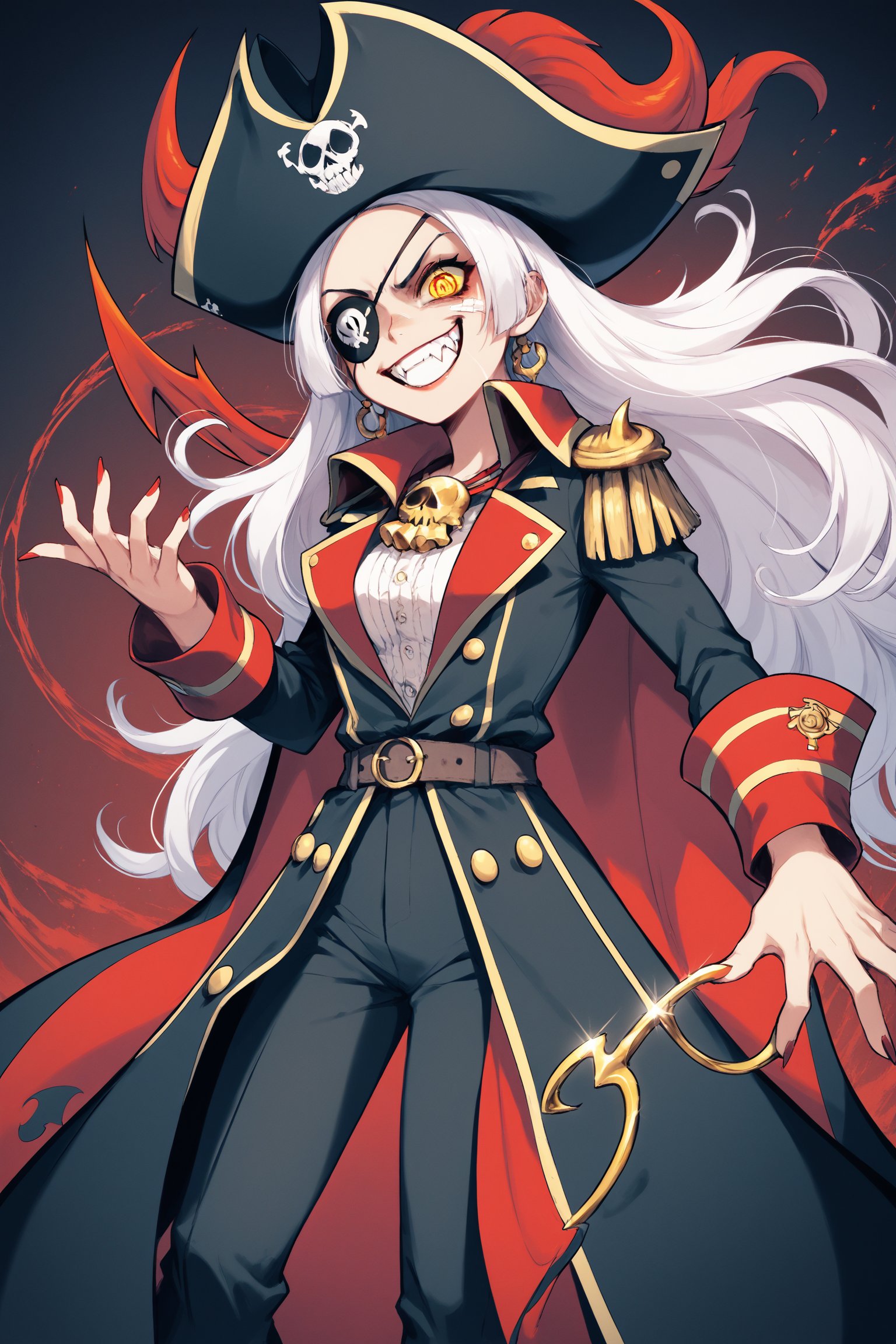  score_9, score_8_up, score_7_up, score_6_up,
g hikorou style,
1Girl,Comical anime,evil female commander, pirate captain motif,Bright red suit, flowing cape,very Long spike white hair, spiky bangs. Sharp eyes, mischievous grin with pointy teeth. Oversized pirate hat, eyepatch with skull design. Golden hook hand, ornate peg leg. Parrot sidekick on shoulder. Exaggerated hourglass figure, dynamic pose. Surrounded by cartoony effects. Cel-shaded style, bold outlines. Vibrant colors. 8K resolution, focus on facial features and outfit. Blend of villainy and comedic charm in anime aesthetics,
devilot_de_deathsatan