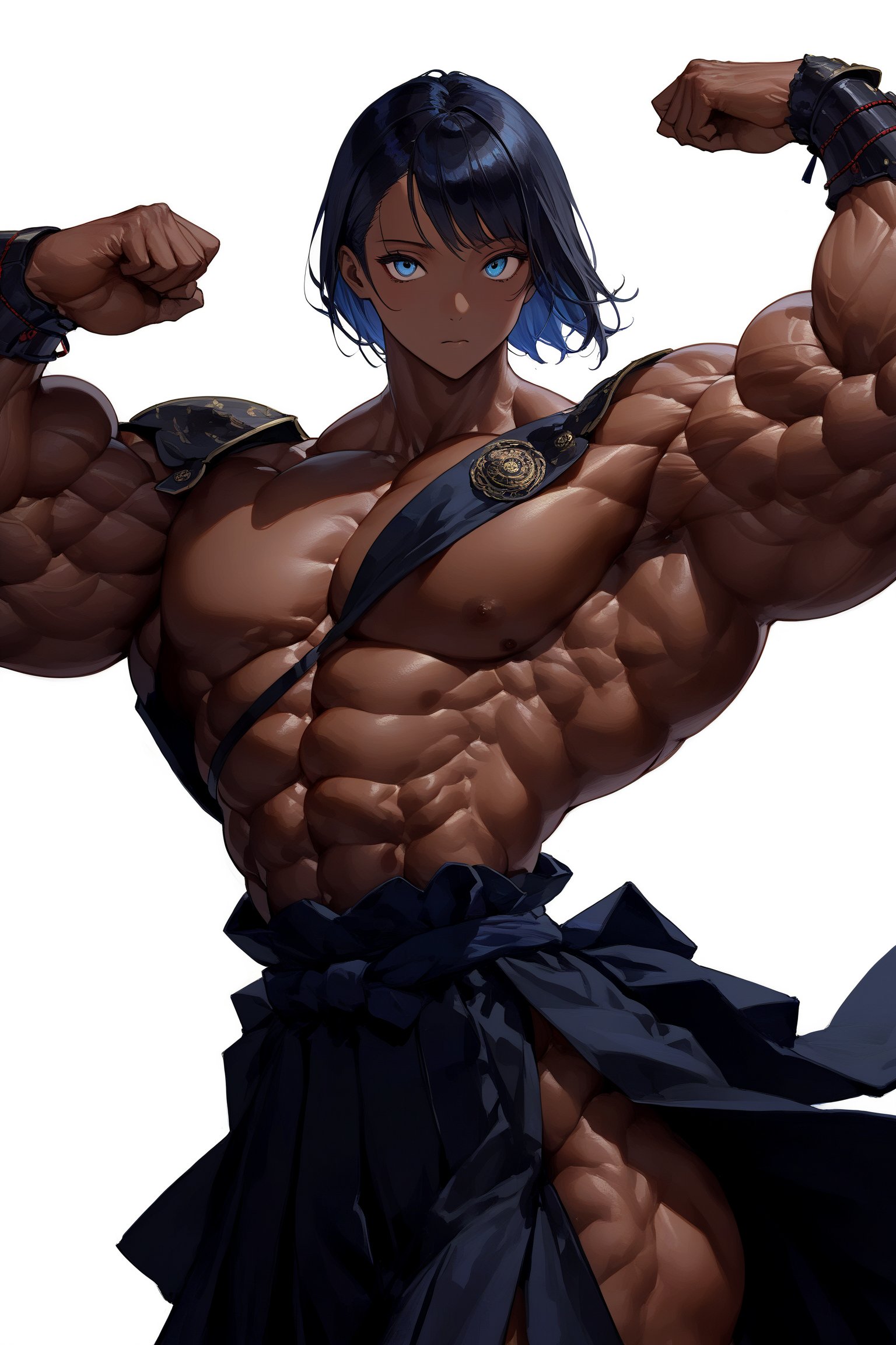 ((1man)),handsome young man, wearing samurai-style armor, long slit eyes, mysterious, narrow and captivating eyes, traditional Japanese armor reminiscent of a samurai, and a dark blue hakama.(((Super muscular body, amazing bulk body:1.5))),
Dark skin, open chest, beautiful collarbones,,warrior,samurai,emo,Realistic Blue Eyes,muscular_female