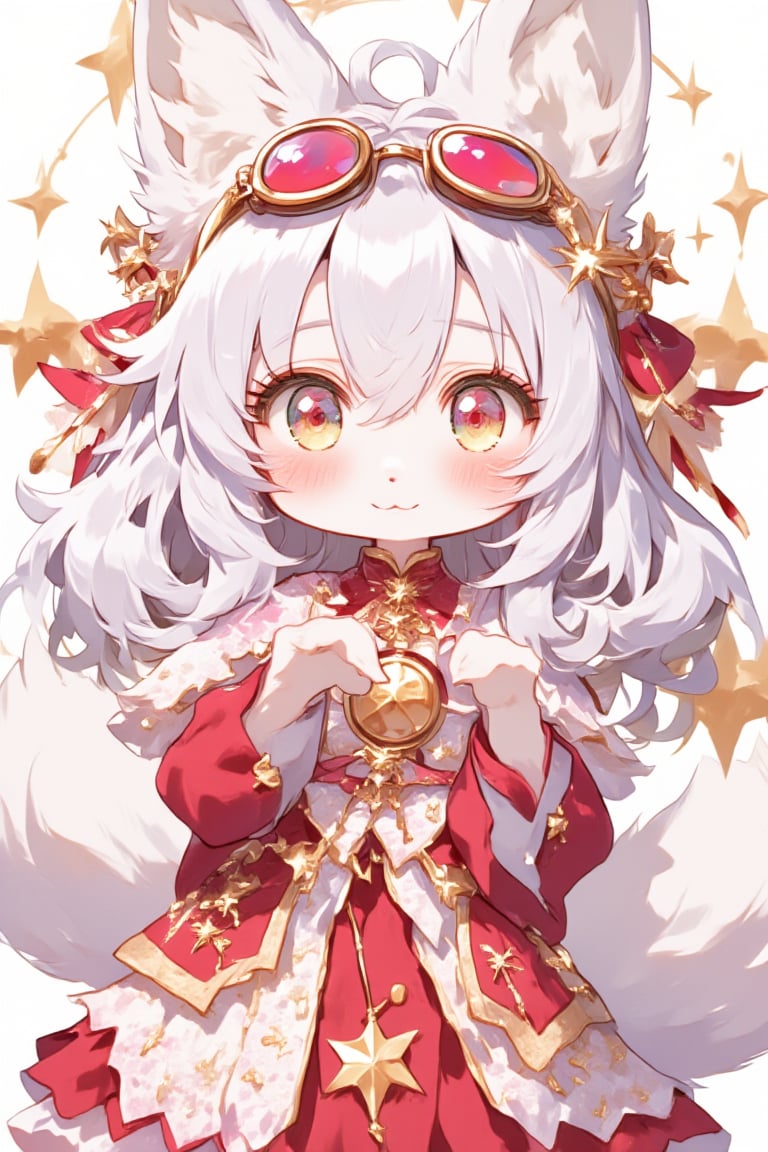 Cute anime-style kemono character, young girl with animal features. White fluffy fox ears and tail. Long silver-white hair. Large golden eyes with a curious expression. Wearing a red and pink outfit with frilly details. Red headband with goggles. Furry paws instead of hands. Chibi proportions with a large head and small body. Soft, pastel color palette. Slight blush on cheeks.looking slightly to the side, Kawaii style, highly detailed, digital art,