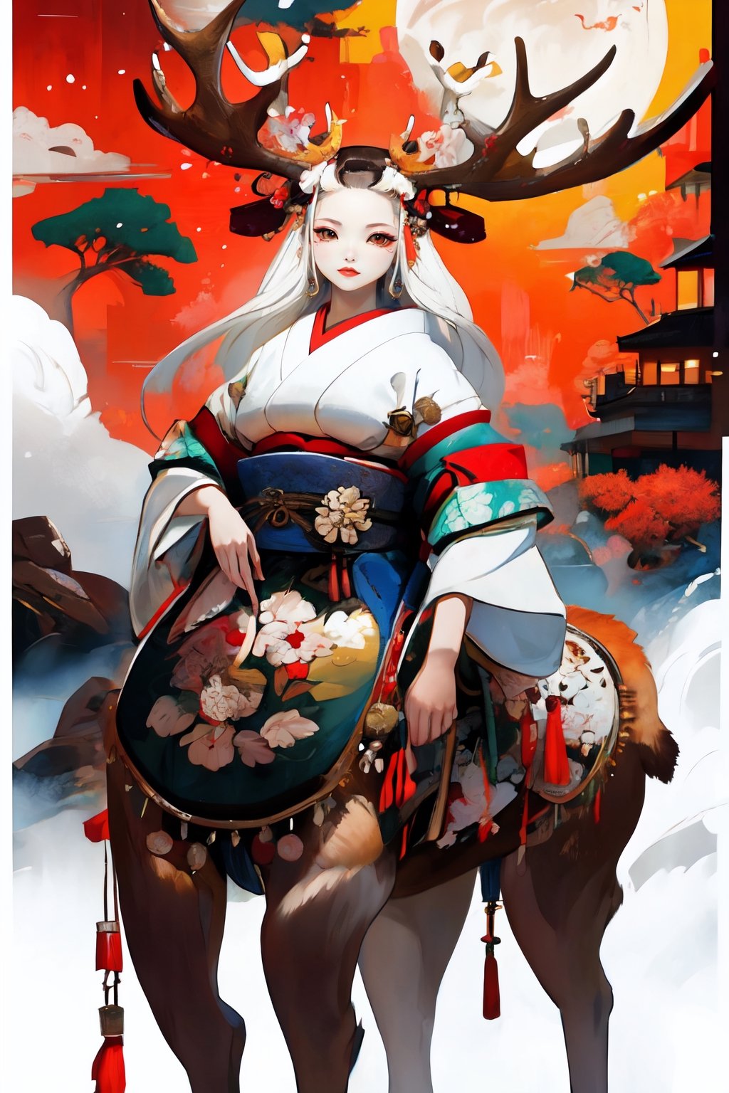 female_solo,centau,albino demon girl, curvaceous, masterpiece, breasts, defined, happy,moose antlers,Alabasta
_skin, glow, golden_eyes, white_hair, long_hair,  clear face,traditional Japanese fashion,
 flawless, flawless face, centaur, taur, 4 legs,3va,deer ear,dark fantasy,utsukushi,Oiran