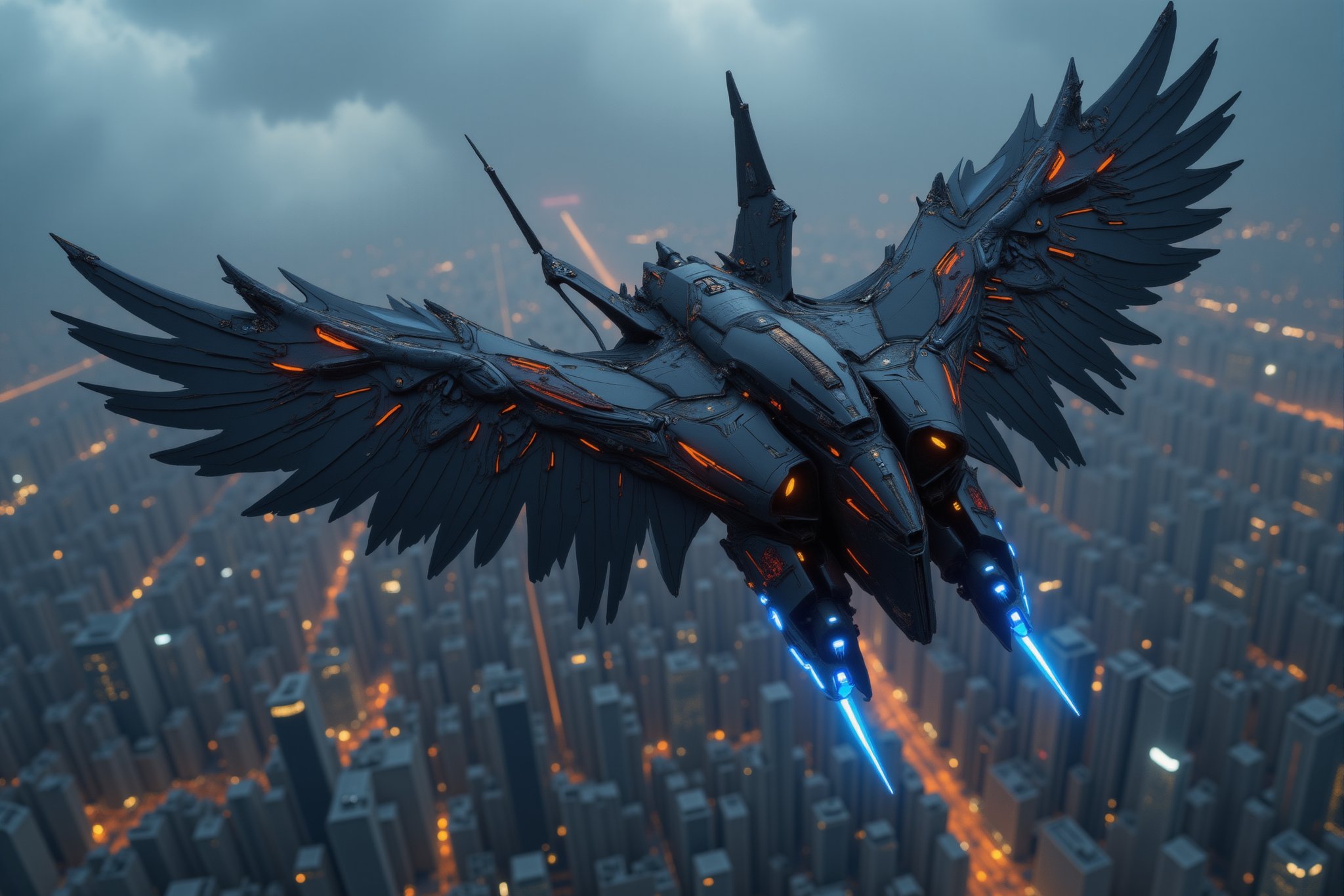 "A futuristic, high-tech fighter jet in a sleek, cyberpunk style, soaring through the sky with mechanical black wings resembling those of a raven. The jet's design is angular and cutting-edge, with neon lights in hues of electric blue and violet tracing along its dark, matte-black body. The wings are intricate, made of segmented metal plates that give a feather-like appearance, with glowing accents that pulse as the aircraft moves. The jet's cockpit, with a minimalistic but advanced HUD display, is streamlined into the overall body. Below, a sprawling cityscape of towering skyscrapers and neon lights shines, enhancing the cyberpunk atmosphere as the fighter jet streaks through the air like a futuristic bird of prey.",Angelic Knight,FuturEvoLabArmor