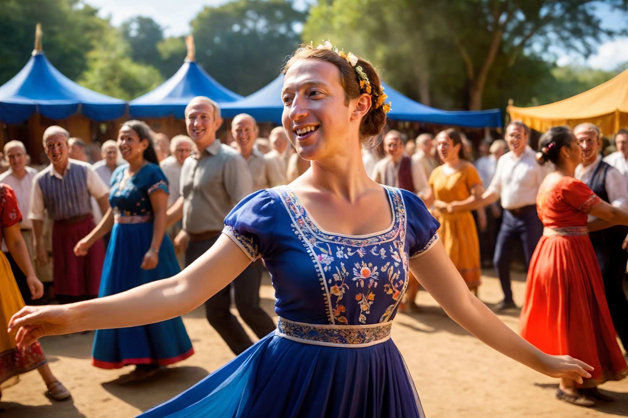 A photograph of a 25-year-old ((Mark Zuckerberg)) with a warm, joyful face full of freckles and big blue eyes that are looking directly at the viewer. She is captured in mid-dance, wearing a traditional folklore dress during a village festival on a sunny day. The image is taken from the point of view of a man dancing with her, giving the impression that the viewer is her dance partner. Sun rays are filtering through the scene, created with ray tracing to give a lifelike effect of sunlight. The environment is festive and colorful, with the background slightly blurred to focus on her expressive face and the details of her dress. The lighting is natural and bright, enhancing the cheerful atmosphere.,360 View