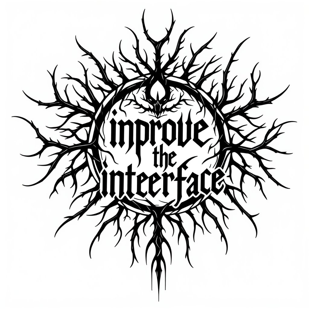 Dark, intricate black metal band logo style design. Text reads "improve the interface". Extremely illegible and creepy typography. Intertwined thorny branches and sharp, angular shapes. Symmetrical layout with a central oval shape. Radiating lines resembling tree branches. Gothic and ominous aesthetic. Black ink on white background. High contrast monochrome illustration. Detailed line work. No color.