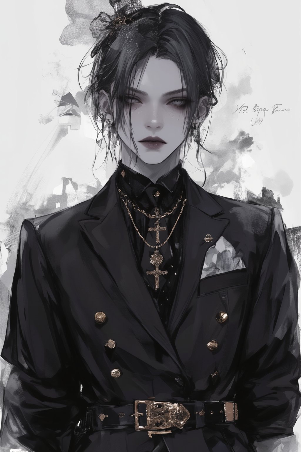 Solo,anime,nasty man, aesthetic French gentleman, emo aristocratic style, short hair,eye shadow,emo Gothic makeup, chic black business suit with polka dot tie, 
black manicure finger,(luxury golden lapel pin chain), Flower handkerchief in chest pocket, Slender man with long legs and tall stature,Handsome boy,lyh,dal,gothic-chic_style