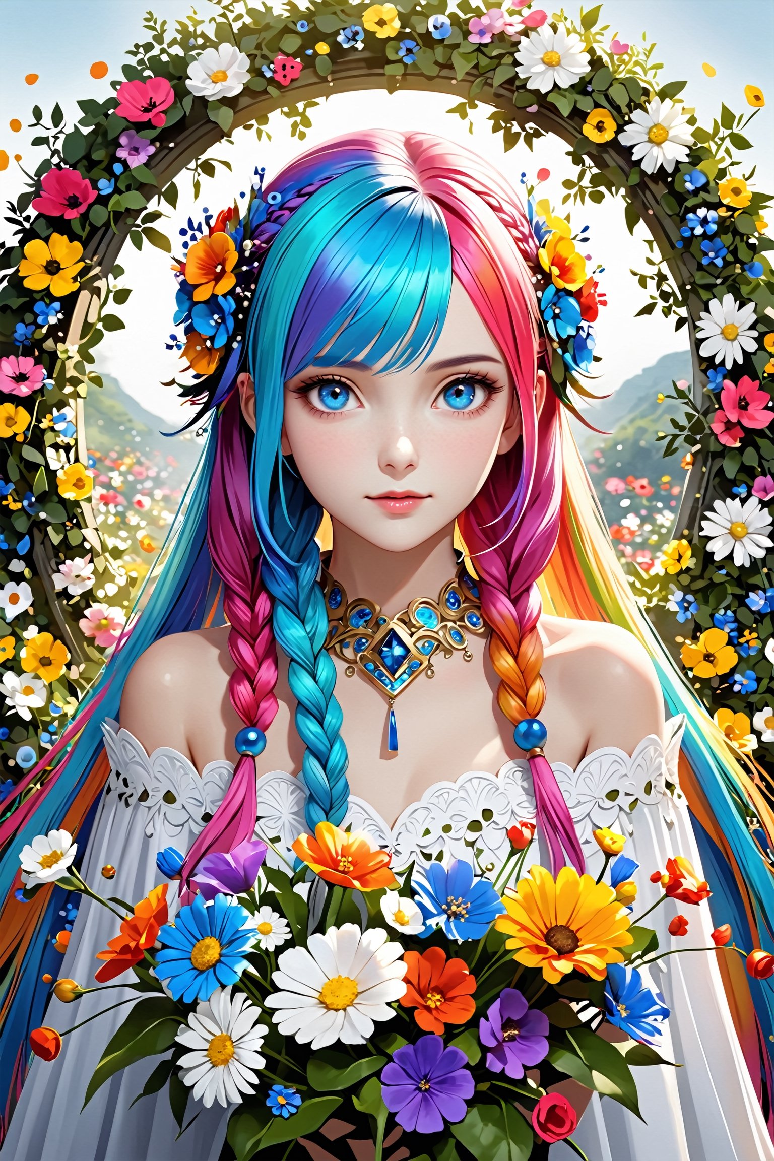 Ultra realistic,1 girl,beautiful blue eyes,superbly crafted braided hairstyles,amazingly intricate braid hair,7 colorful hair colors,Beautiful colorful (pigtails braided with flowers:1.2),long pigtails,hair made from plants,
each meticulously created braid decorated with delicate accessories and beads,aesthetic,Rainbow haired girl ,Realistic Blue Eyes,Flower queen,dal-1,colorful,DonMD1g174l4sc3nc10nXL 