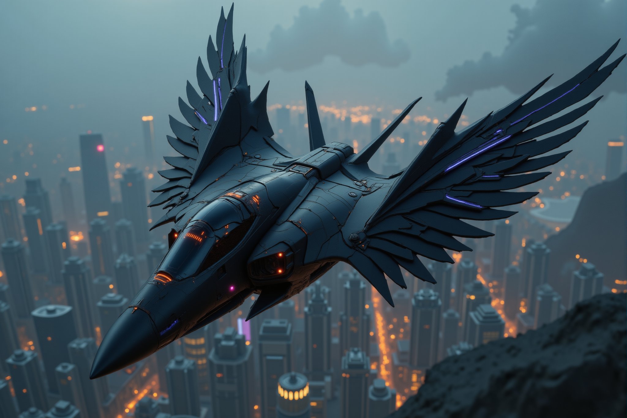 "A futuristic, high-tech fighter jet in a sleek, cyberpunk style, soaring through the sky with mechanical black wings resembling those of a raven. The jet's design is angular and cutting-edge, with neon lights in hues of electric blue and violet tracing along its dark, matte-black body. The wings are intricate, made of segmented metal plates that give a feather-like appearance, with glowing accents that pulse as the aircraft moves. The jet's cockpit, with a minimalistic but advanced HUD display, is streamlined into the overall body. Below, a sprawling cityscape of towering skyscrapers and neon lights shines, enhancing the cyberpunk atmosphere as the fighter jet streaks through the air like a futuristic bird of prey.",Angelic Knight,FuturEvoLabArmor